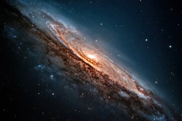 Fototapeta premium Detailed Andromeda Galaxy Photograph: Spiral Arms, Star Clusters, Dark Dust Lanes Against a Dark Starry Night Sky, Space Exploration