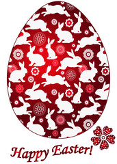 Vector card Happy Easter! with a big red egg and rabbits For the design of posters, banners, sales, cards, invitations, parties.