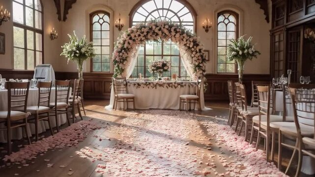 A polished wooden floor of an ester event venue, covered in scattered ester flower petals, soft natural light coming through large windows, creating a tranquil setting.
