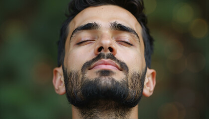 Fototapeta premium Man with closed eyes. Young man resting and dreaming in forest reduces fatigue and breath fresh air, visualizing and meditating outdoors. No stress concept. Close up