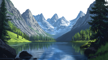 Tranquil Mountain Lake Surrounded by Majestic Peaks - Stock Image