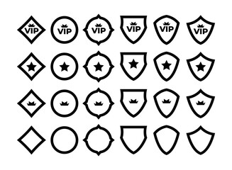 set of game icon symbol of vip, crown, star with shield and round shape badge
