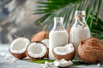 fresh coconut milk in glass bottles with halves coconuts and coconut leaves in the background light wall