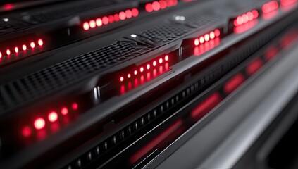 Close-up view of server rack with illuminated indicators