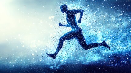 Naklejka premium A dynamic pointillism illustration of an athlete sprinting mid-stride with vibrant blue dots forming a human figure in motion against a clean white background. 