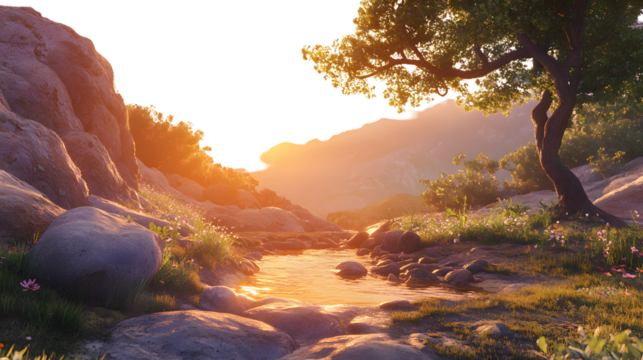 Tranquil Sunset Over Rocky Landscape - Serene Nature Photography