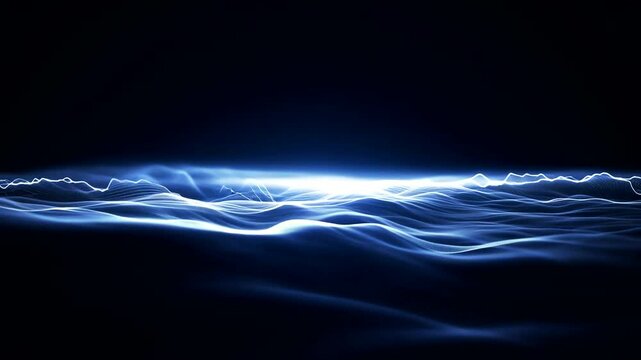 Ethereal blue waves of light undulating in a dark space, creating a serene and abstract atmosphere
