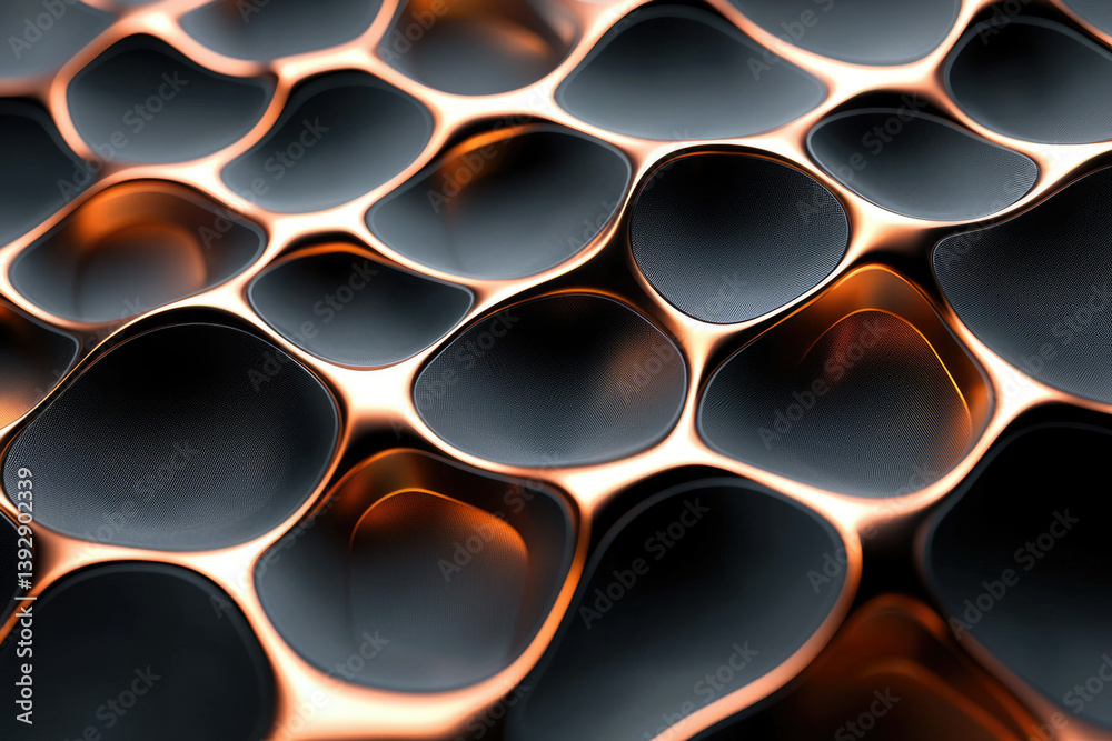 Poster A futuristic, abstract grid with dark, textured cells and glowing orange borders, creating depth and a sense of flowing movement.