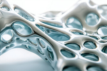 A modern, abstract structure with organic, porous design and reflective, silver-toned material, creating a unique and futuristic aesthetic.