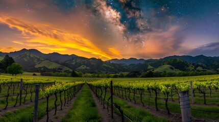 Rolling vineyard under a galaxy lit sky with rows of grapevines stretching toward the horizon bathed in the soft glow of distant stars