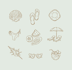 Summer beach icons collection shell flip flops bikini papaya watermelon melon beach lounger and umbrella sunglasses coconut drawing in graphic style on turquoise background