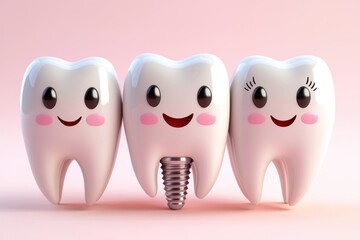 Cheerful cartoon teeth celebrate dental health with a shiny implant in a playful, vibrant setting