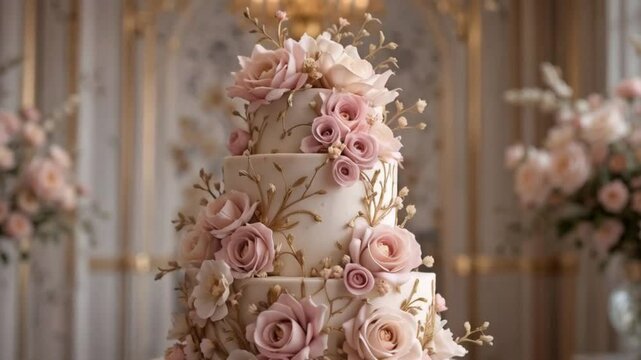 A luxurious ester event cake on a marble pedestal, adorned with intricate floral designs of ester flowers and soft gold accents, with soft-focus background lighting.
