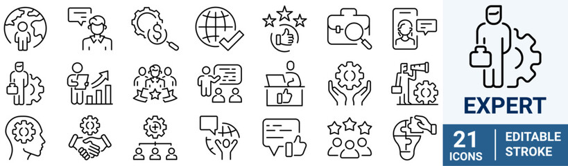 Expert web line icon set. Containing advice, competence, expertise, knowledge, skill, specialist, experience and more.