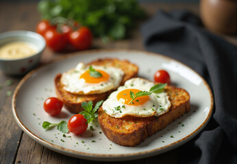 Fried eggs on bread toasts. Delicious homemade breakfast with egg sandwich, healthy morning meal with crunchy bread, diet food