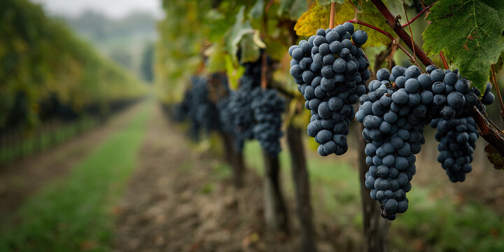 Nebbiolo Grapes: Vineyard Bounty, Italian Wine Heritage, Rich Red Varietal, Piedmont Harvest, Wine Making, Grape Cultivation, Vineyard Landscape, Autumnal Beauty.
