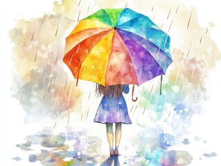 A girl is walking in the rain with a rainbow umbrella