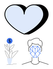 Large heart symbolizing love, potted plant with dollar coin representing growth and finances, geometric face outline for innovation and AI. Ideal for love, growth, AI, finance, technology, balance