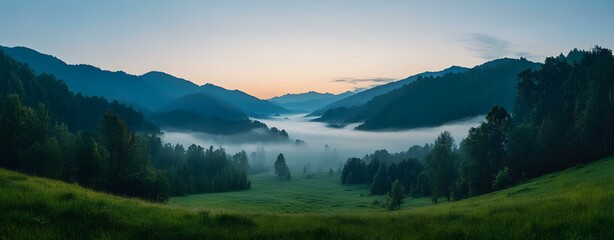 Misty Valley Sunrise Lush Green Hills and Tranquil Atmosphere
