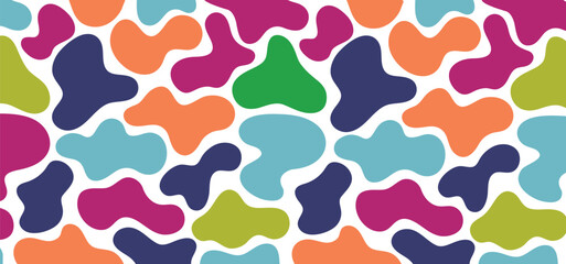 Cartoon kid seamless pattern with multicolour clouds. Liquid amoeba shaped forms. Colorful freeform blotches, organic shapes. Groovy childish abstract design for cover, poster, banner, label, wrapping