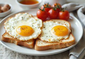 Toasts with eggs. Fried eggs on toasted bread slices for breakfast, delicious high protein morning food with egg and fresh vegetables. Healthy keto diet