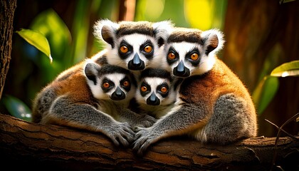 Obraz premium A family of lemurs snuggled together on a tree branch, striped tails wrapped around, jungle background