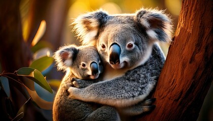 Fototapeta premium A mother koala hugging her baby on a eucalyptus tree, detailed fur texture