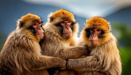 Fototapeta premium A trio of monkeys sharing body heat, close-up perspective, rich fur texture