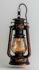 Rustic Black and Copper Lantern with Warm Glowing Light on Gray Background