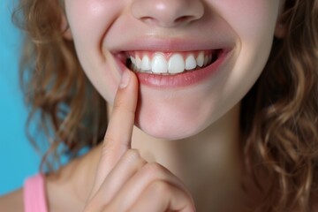Fototapeta premium Close up portrait of kid point the finger her teeth isolated on blue background