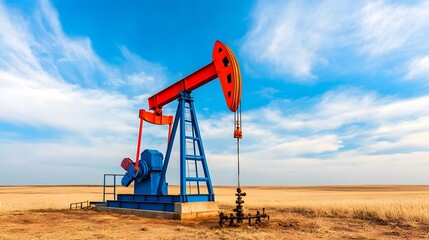 Bright Red and Blue Oil Pumpjack Operating in a Rural Landscape