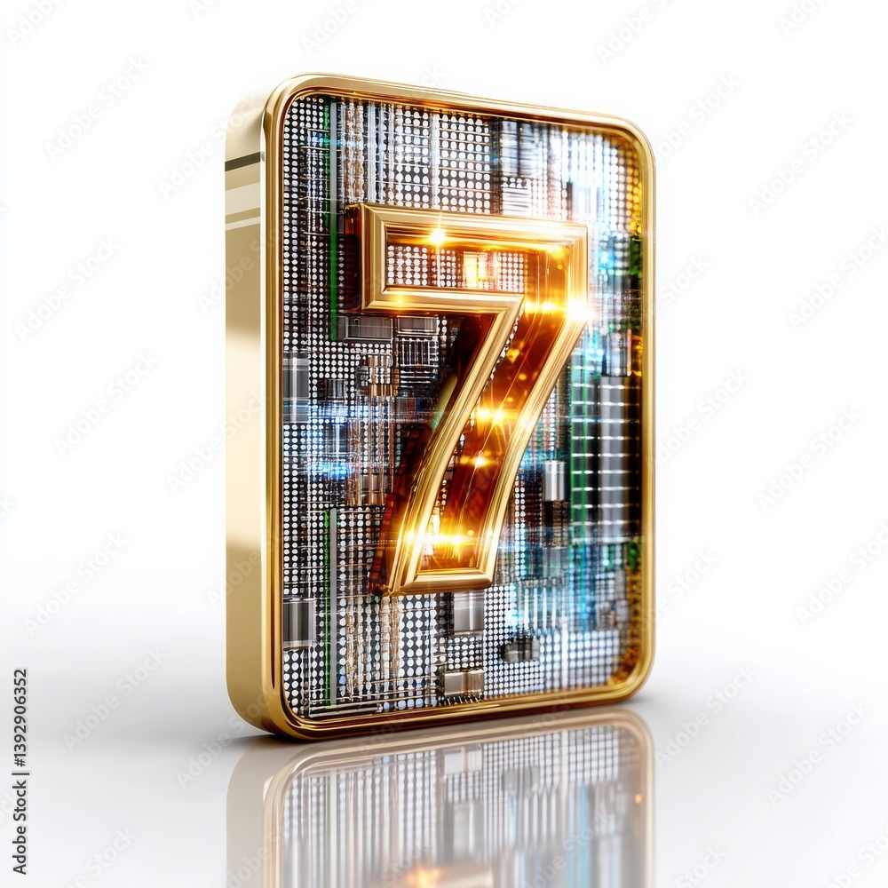 Aufkleber golden number seven embedded in futuristic circuitry, reflecting on a white surface