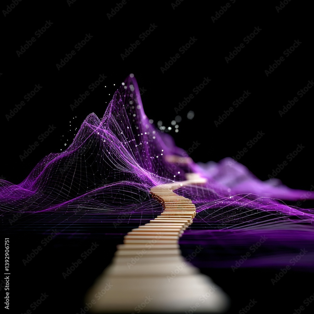 Aufkleber Journey to Success: Abstract Stairway Through a Networked Landscape with Purple Data Streams and Light Points