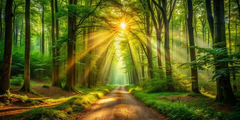 Obraz premium Enchanting Forest Path Bathed in Magical Sunbeams A Panoramic View of Mystical Nature