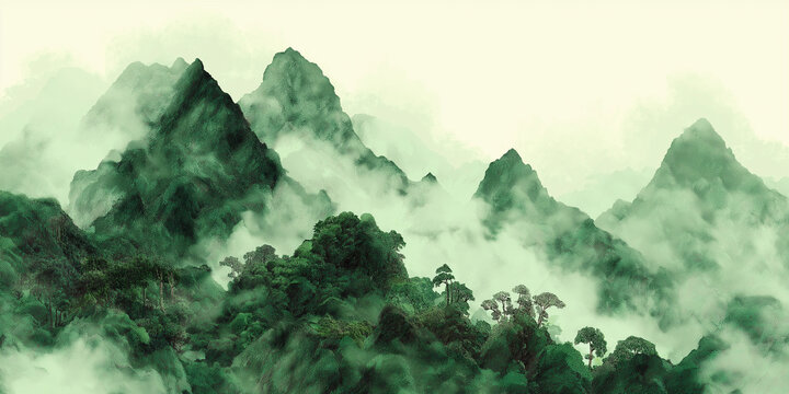 Serene misty green mountains in watercolor-style digital landscape painting
 - Powered by Adobe