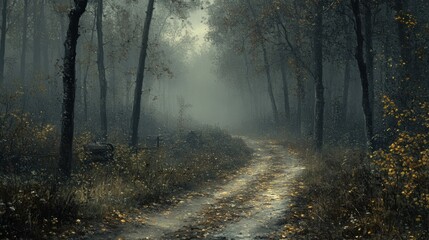 Naklejka premium Misty autumn forest path.
