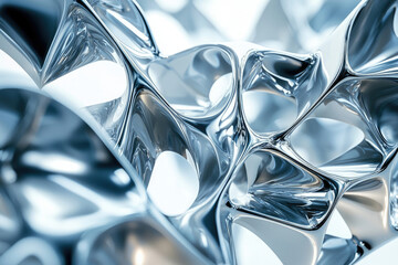 An abstract design showing a metallic, fluid-like structure with holes, smooth curves, and reflections in a modern, artistic style.
