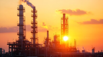 Obraz premium Majestic Industrial Refinery Bathed in Vibrant Sunrise Hues
