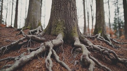 Obraz premium forest scene with multiple trees whose root systems are visibly intertwined, forming a network of strength and growth. forest roots, intertwined roots, root network, tree stability, growth connection,