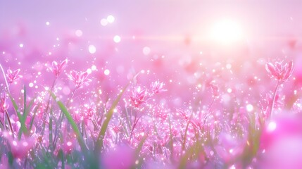 Fototapeta premium A field of pink flowers with a bright sun shining on them