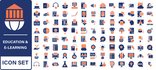 Education and E-Learning Big icons collection. Containing Education, School, E-Learning, College, Graduation. Glyph solid style series icon