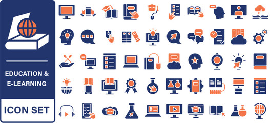 Education and E-Learning Big icons collection. Containing Education, School, E-Learning, College, Graduation. Glyph solid style series icon