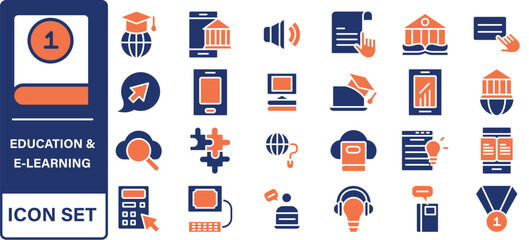 Education and E-Learning Big icons collection. Containing Education, School, E-Learning, College, Graduation. Glyph solid style series icon