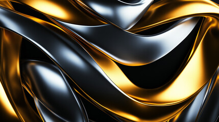 Abstract shiny reflected gold and silver object 3D asset material strips twist in dark background.