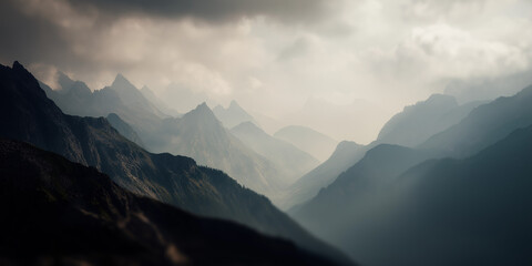 Dramatic mountain range with atmospheric haze and moody lighting

