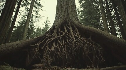 fallen tree with its enormous root ball exposed, revealing the intricate underground system that once supported its massive trunk in a dense forest. fallen tree, exposed root ball, intricate 