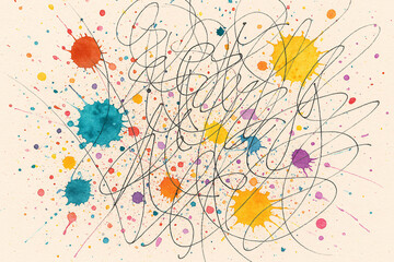 Colorful Abstract Ink and Paint Splatters on Textured Paper Background – Artistic Flat Lay