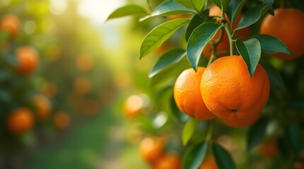 Ripe oranges on tree, bright sunlight, green leaves. Fresh fruit, natural food, healthy eating. Use for agriculture, food, nature themes.