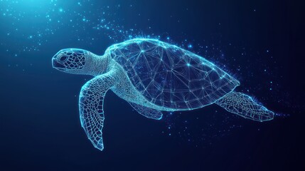 Abstract polygonal sea turtle swimming underwater, glowing blue particles.