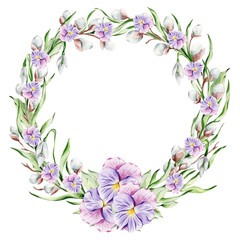 Fototapeta premium Wreath with violets, snowdrops and heather on a white background.